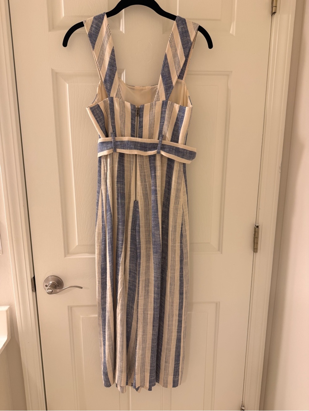 Alice + Olivia Blue and Cream Striped Romper with Tie Waist - Picture 2 of 5